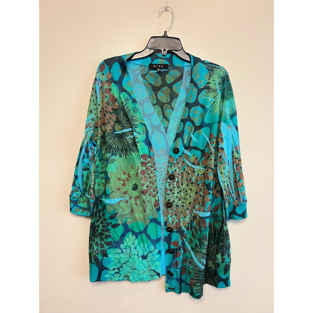 B.L.E.U. Floral Abstract Beaded Cardigan XL Turquoise Green 3/4 Sleeve MA1275E60